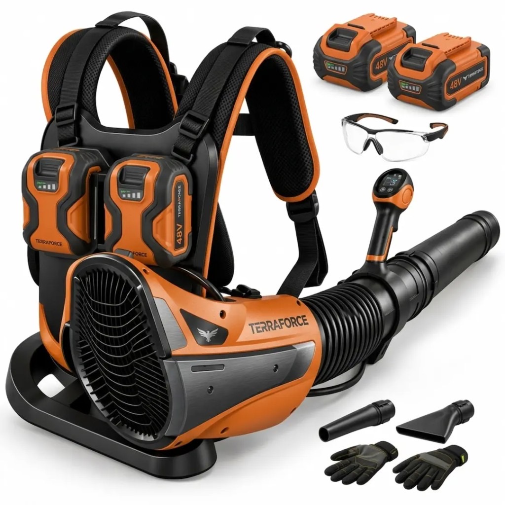 Kit Terraforce 48V: soffiatore a zaino, 2 batterie, occhiali protettivi e guanti